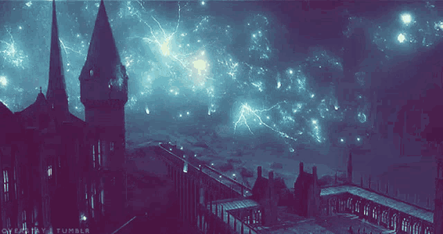 a picture of a castle with lightning strikes and the words tumblr written below it