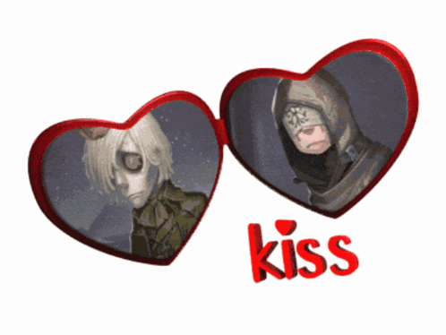 a picture of two hearts with the word kiss on the bottom