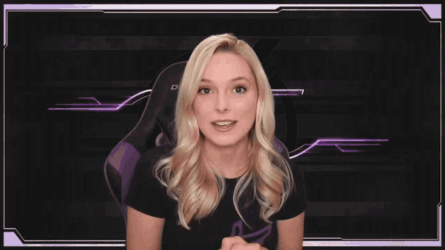 a blonde woman sitting in a purple chair with the word reveal on the bottom