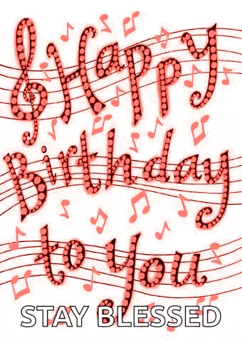 a happy birthday card with music notes and a treble clef on a white background .