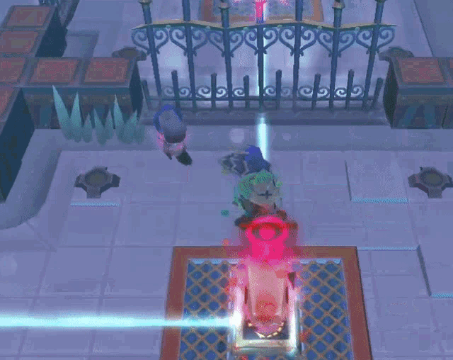 a video game is being played in a room with a fence behind it