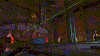 a computer generated image of a room with a red and yellow curtain and a circle in the middle .