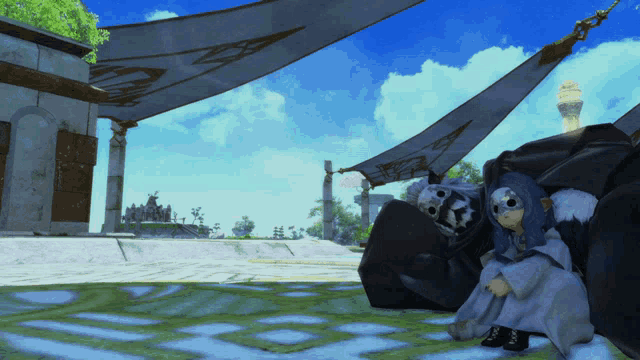 a video game character is sitting under a canopy with a statue in the background