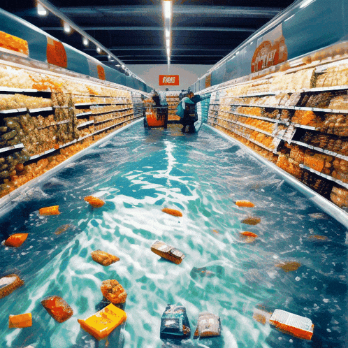 a flooded store with a sign that says food