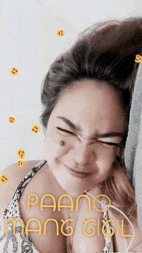 a woman is making a funny face with the words paano mang gil written on the bottom