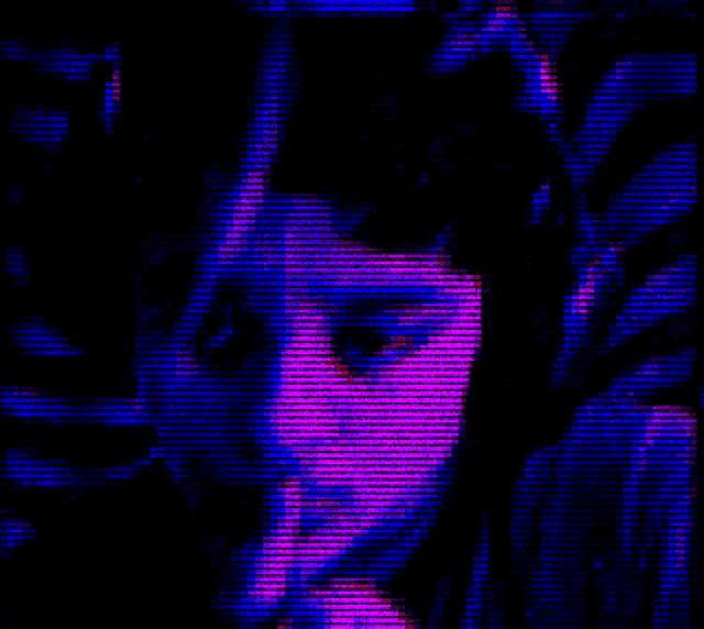 a pixelated image of a woman 's face with purple and red lines