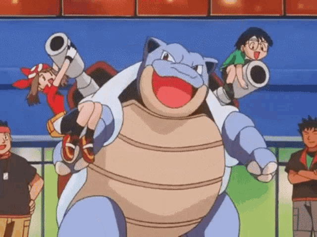 a cartoon character is riding on the back of a giant turtle with guns .