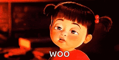 a cartoon character from the movie monsters inc is making a funny face and says woo .