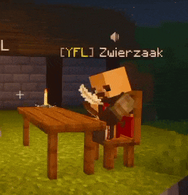 a minecraft character sitting at a table with the name zyfl written on the bottom