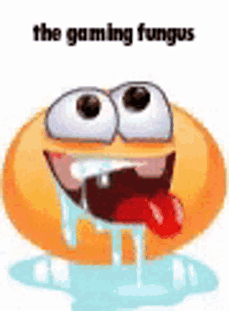 a cartoon smiley face with its tongue hanging out and the words `` the gaming fungus '' written on it .