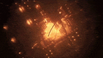 a sword is flying through a dark room with a lot of lights .
