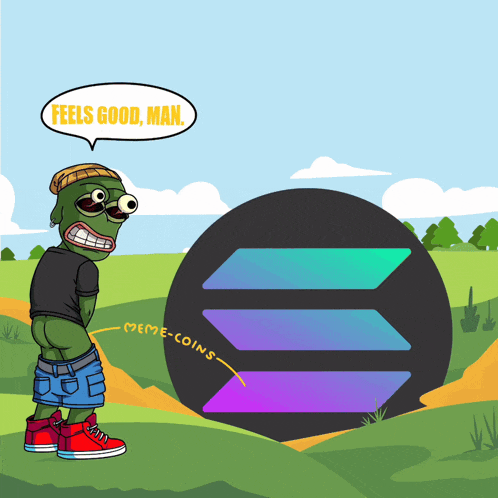 a cartoon character says " feels good man " next to a meme coins logo