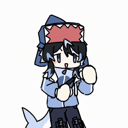 a drawing of a person wearing a shark hat and a shark tail