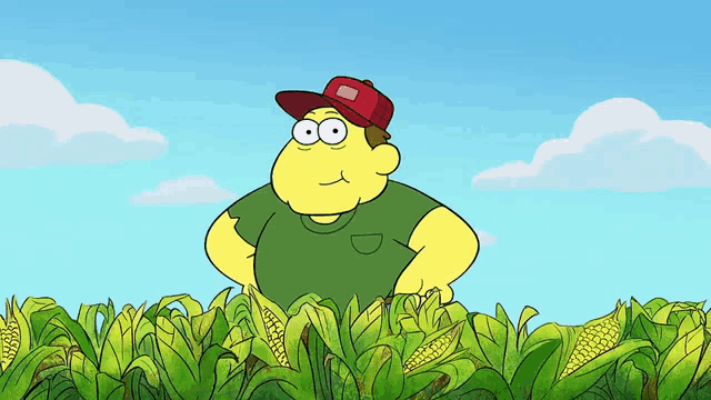 a cartoon character is standing in a field of corn