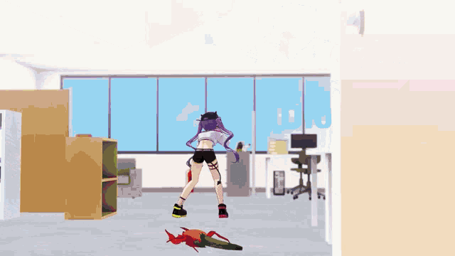 a girl with purple hair is dancing in a room with a sign that says quilolo