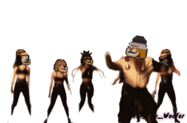 a group of people are dancing with the words itz woofer time