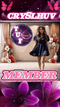 a woman in a black dress is standing in front of purple flowers and a sign that says cryslhuv member