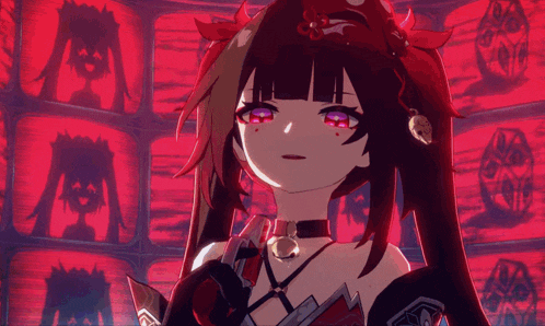 a girl with long black hair and purple eyes is standing in front of a wall of images .