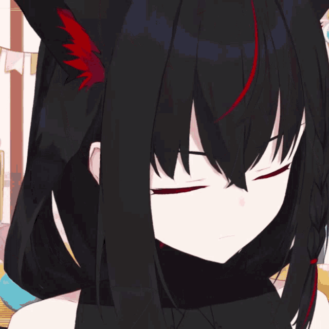 a girl with black hair and red eyes is making a funny face