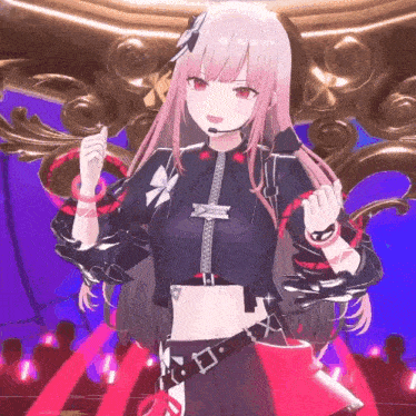 a girl with pink hair is wearing a microphone