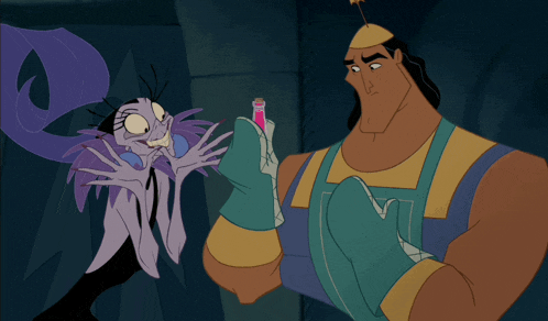 a cartoon of a man holding a bottle next to a woman with purple hair