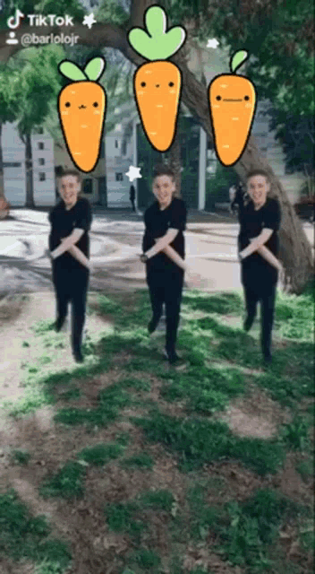 a tiktok video of three boys dancing with carrots on them