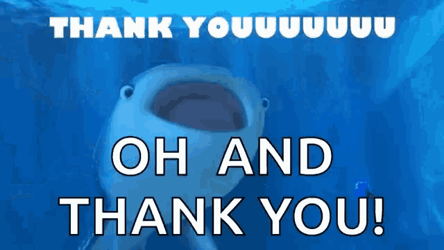 a whale shark is swimming in the ocean with the words oh and thank you