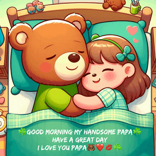 a cartoon of a girl hugging a teddy bear in bed