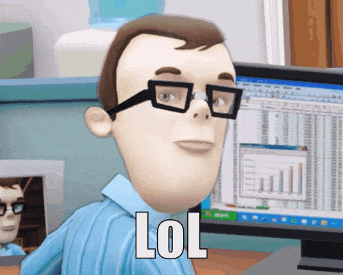a cartoon man wearing glasses is sitting in front of a computer screen with lol written on it