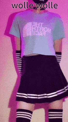 a person wearing a woole woole shirt and striped socks