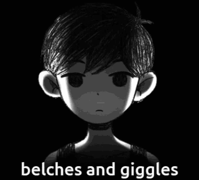 a black and white drawing of a boy with the words belches and giggles above him