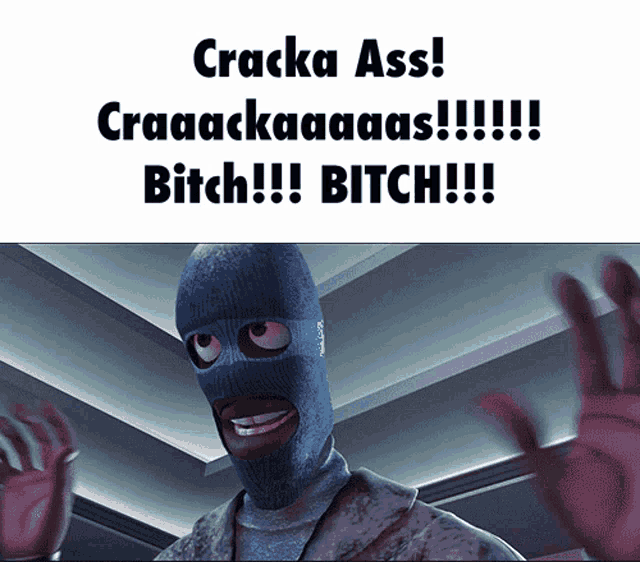 a man in a ski mask says cracka ass craaackaaaas bitch bitch !!!