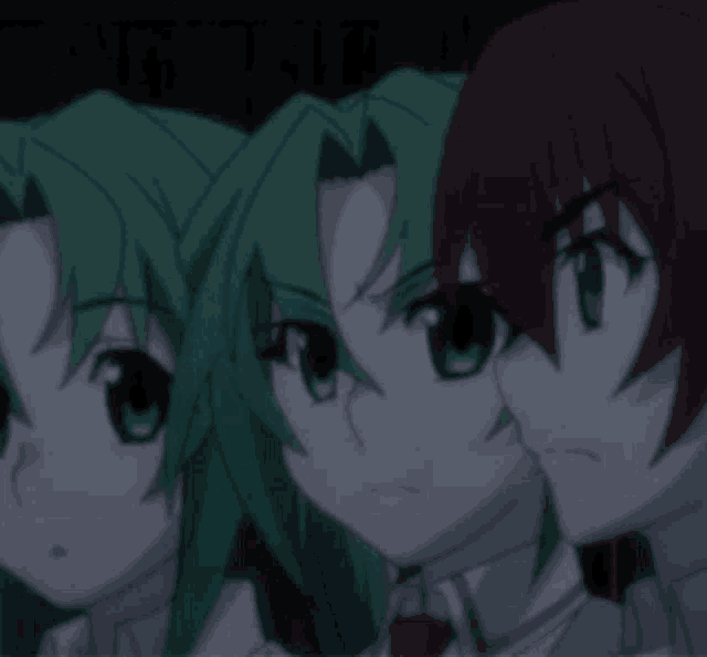 three anime characters with green hair and red hair