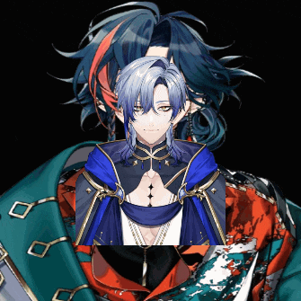 a drawing of a man with long blue hair and a blue cape