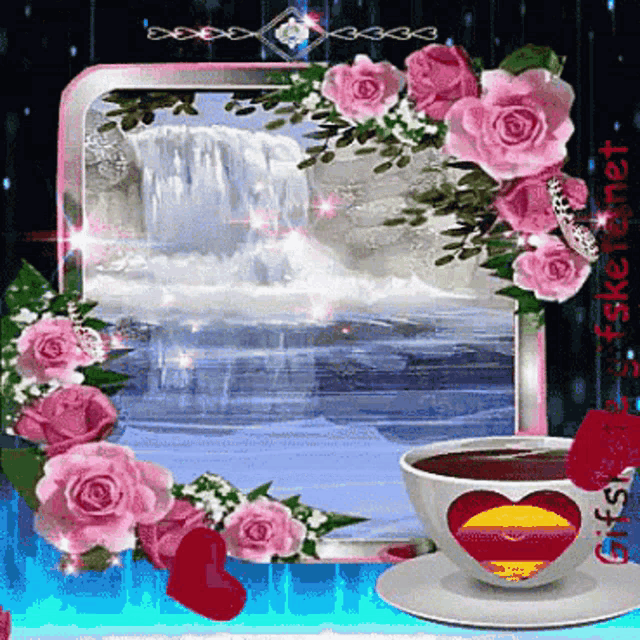 a cup of coffee with a heart on it sits in front of a waterfall