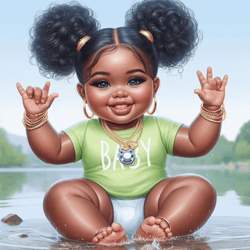 a baby wearing a green shirt that says baby is sitting in the water