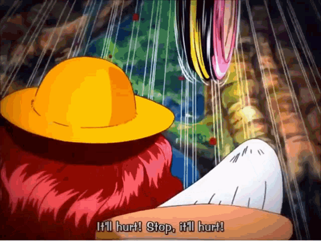 a cartoon character with red hair and a yellow hat says stop it 'll hurt