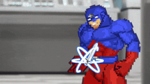 a pixel art of a superhero holding a scissors and an atom