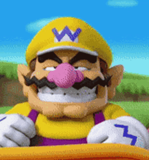 a pixelated image of wario wearing a yellow hat with a purple letter w on it