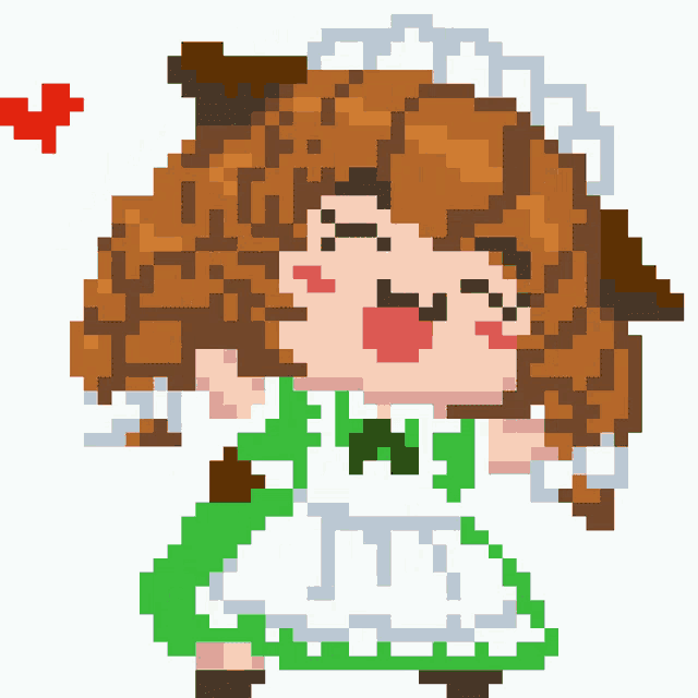 a pixel art of a girl in a green dress