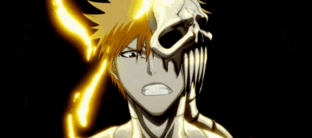 a cartoon character has a skull on his head and a flame behind him