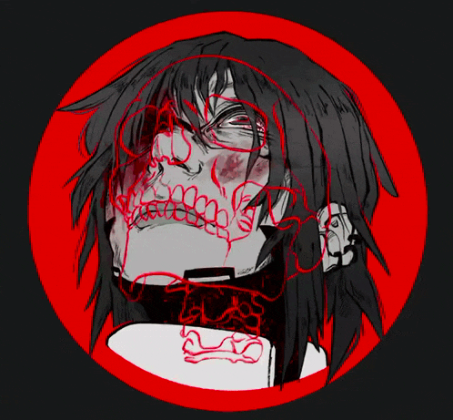 a black and white drawing of a person with a red circle around it