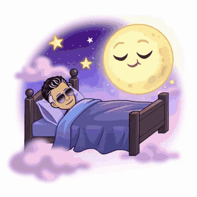 a man wearing sunglasses is sleeping in a bed with a smiling moon in the background