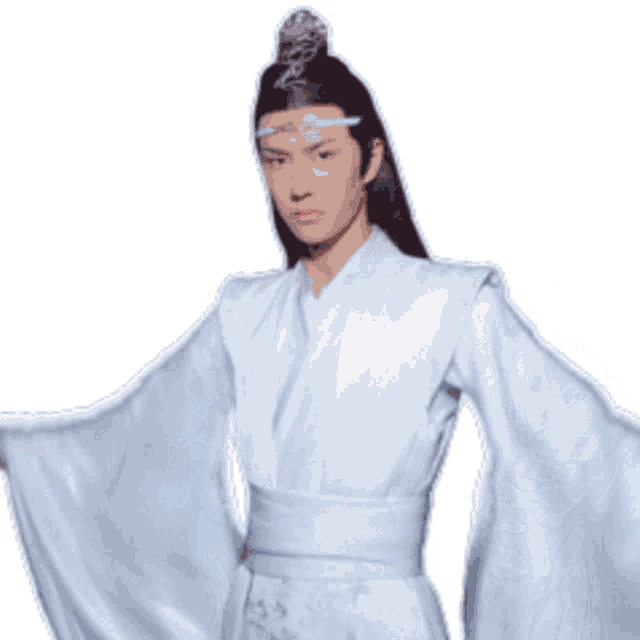 a man in a white kimono with chinese writing on his head