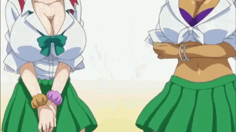 two anime girls are standing next to each other with their hands folded