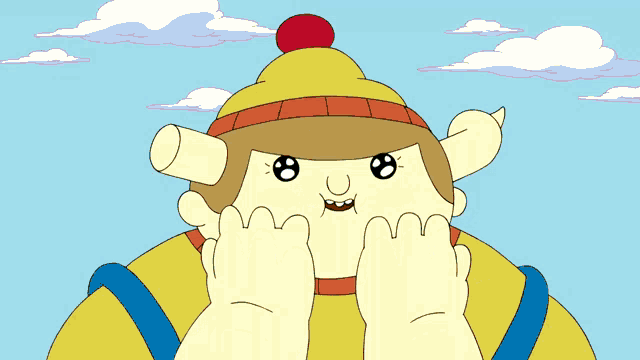 a cartoon character wearing a yellow hat with a red nose