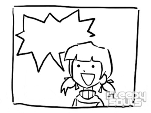 a drawing of a girl with a speech bubble that says " fuck "