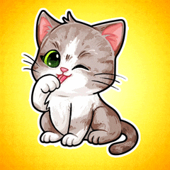 a cartoon drawing of a cat with green eyes licking its paw