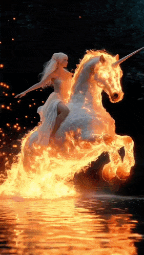 a woman in a white dress is riding a fire unicorn