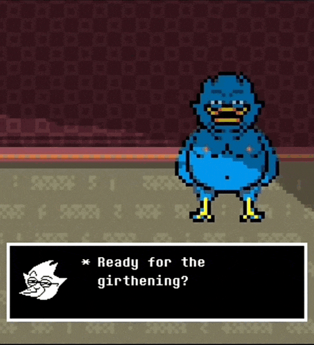a pixel art of a blue duck with the words ready for the girthening